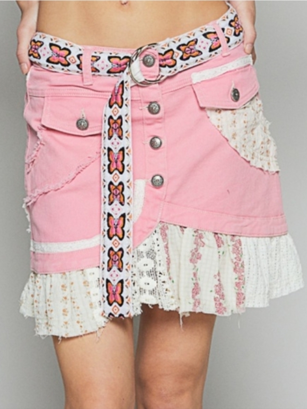 POL Pink Patchwork Lace-Trim Mini Skirt